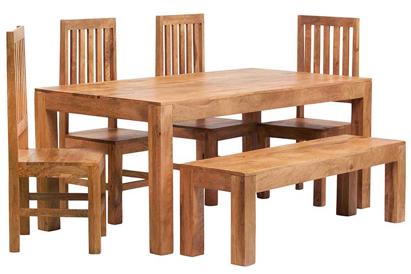 Lumina Light Mangowood 6ft dining Set with Bench & 4 Wooden Chairs